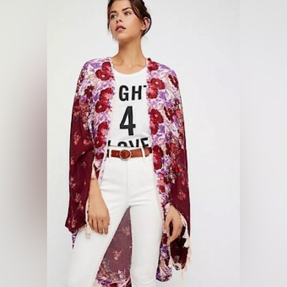 Free People Tops - Free People Bali Wrapped in Blooms Red Kimono Top Shawl Women’s One Size